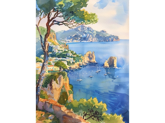 Capri Island Art Print Italy Seascape Watercolor Painting Cityscape Wall Art Decor Travel Poster By Feelingprints
