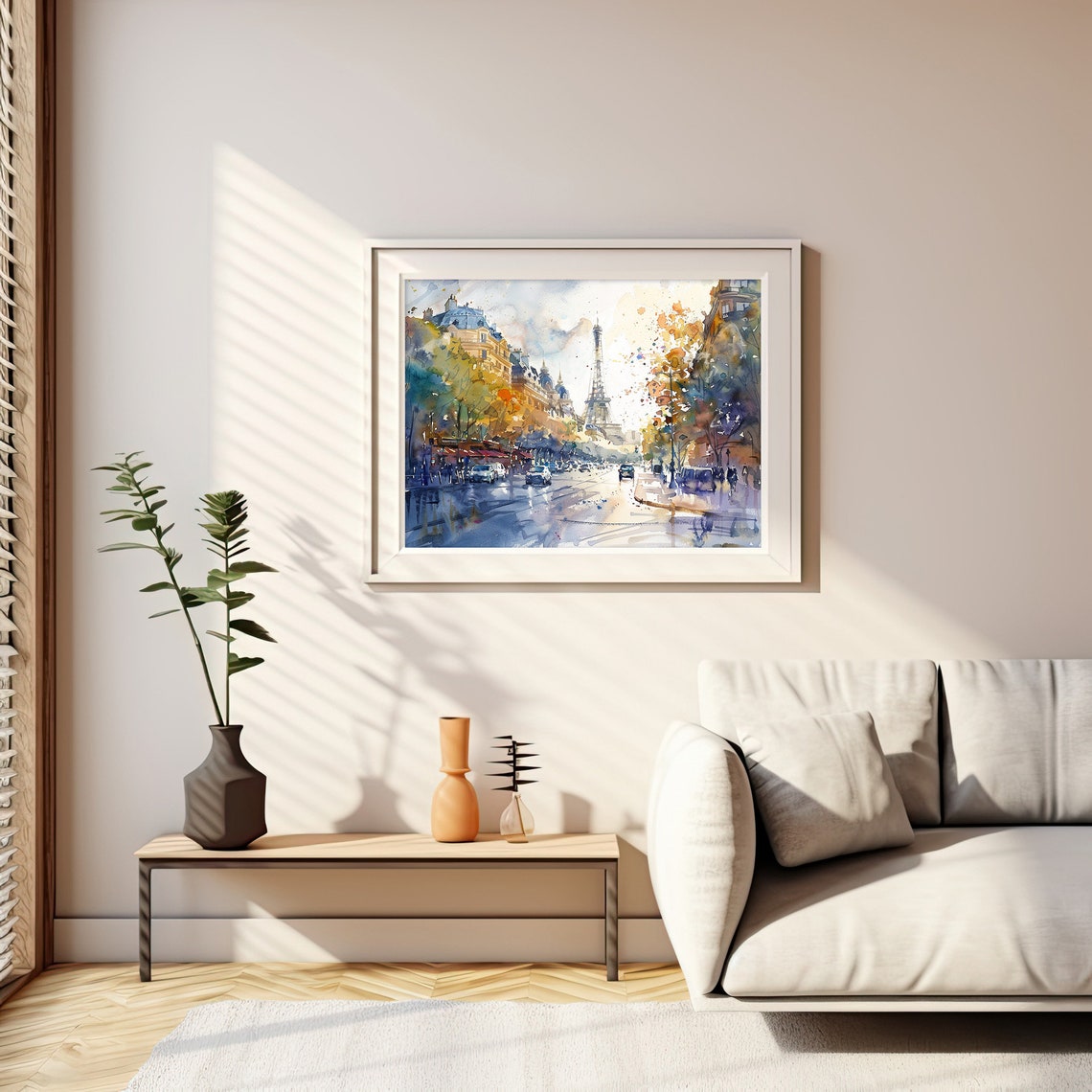 Paris Street With Eiffel Tower Autumn Rain Watercolor Cityscape Poster - Image 2