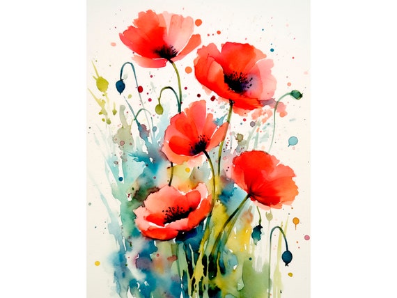 Red Poppy Flowers Watercolor Art Print, Farmhouse Floral