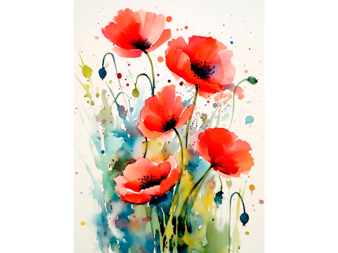 Red Poppy Flowers Watercolor Art Print, Farmhouse Floral