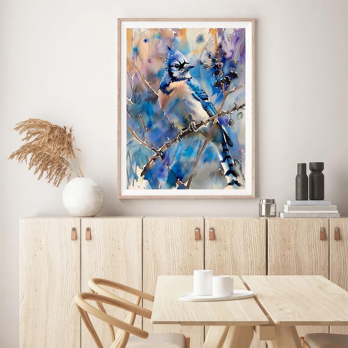 Blue Jay Songbird on Winter Branch Watercolor Bird Painting Poster - Image 5
