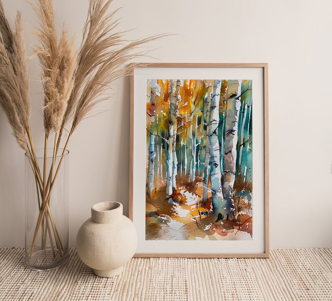 Birch Forest Watercolor Autumn White Trunks Golden Leaves Art Print - Image 5
