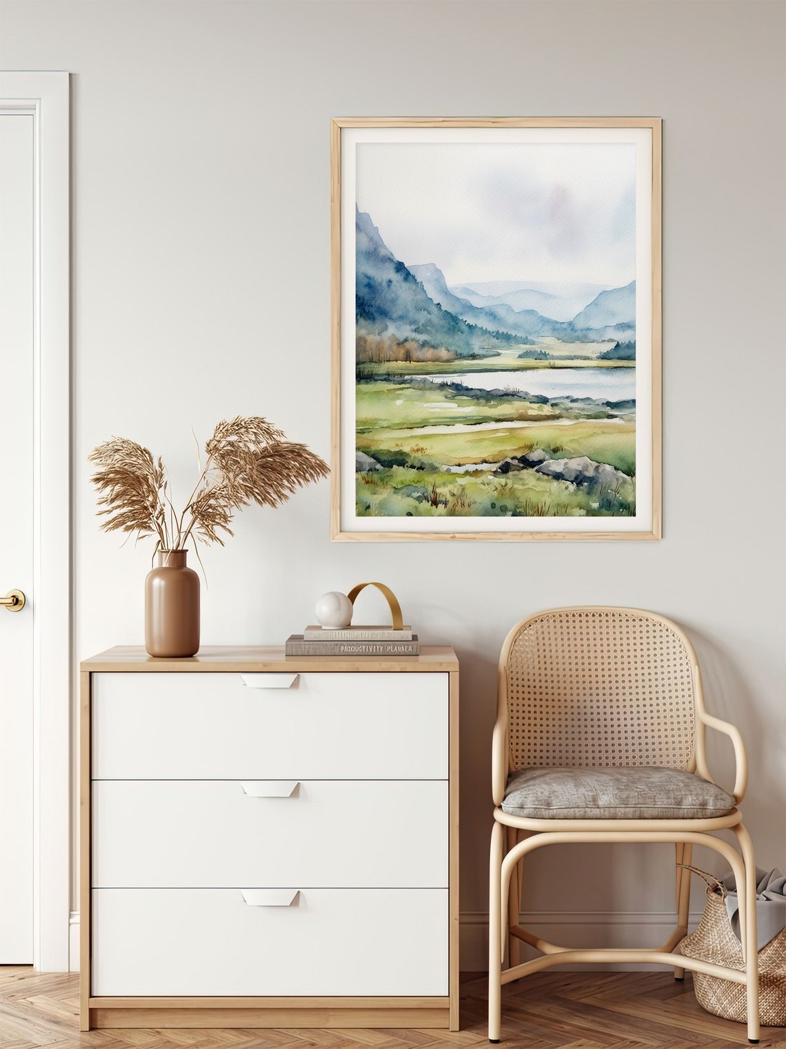 Tranquil Green Valley Watercolor Misty Mountains Lake Landscape Print - Image 5