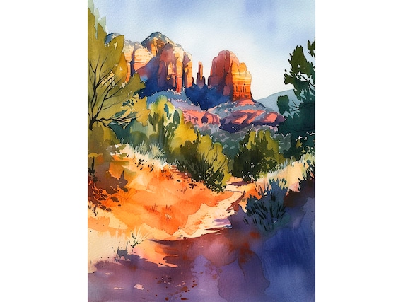 Arizona Watercolor Art Print, Sedona Mountains Travel Poster