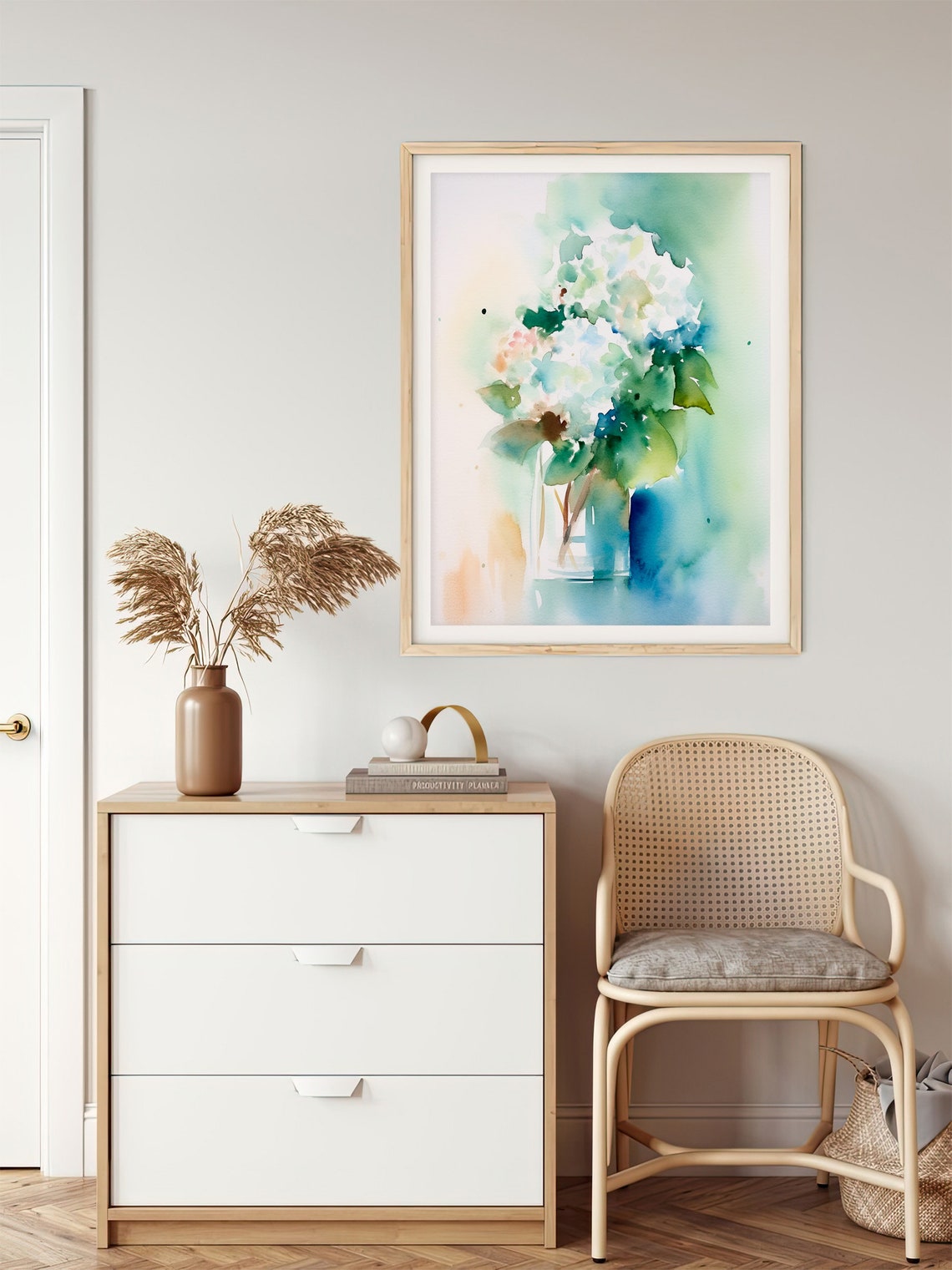 Stunning White Hydrangea Bouquet Glass Vase Watercolor Floral Poster - Image 5