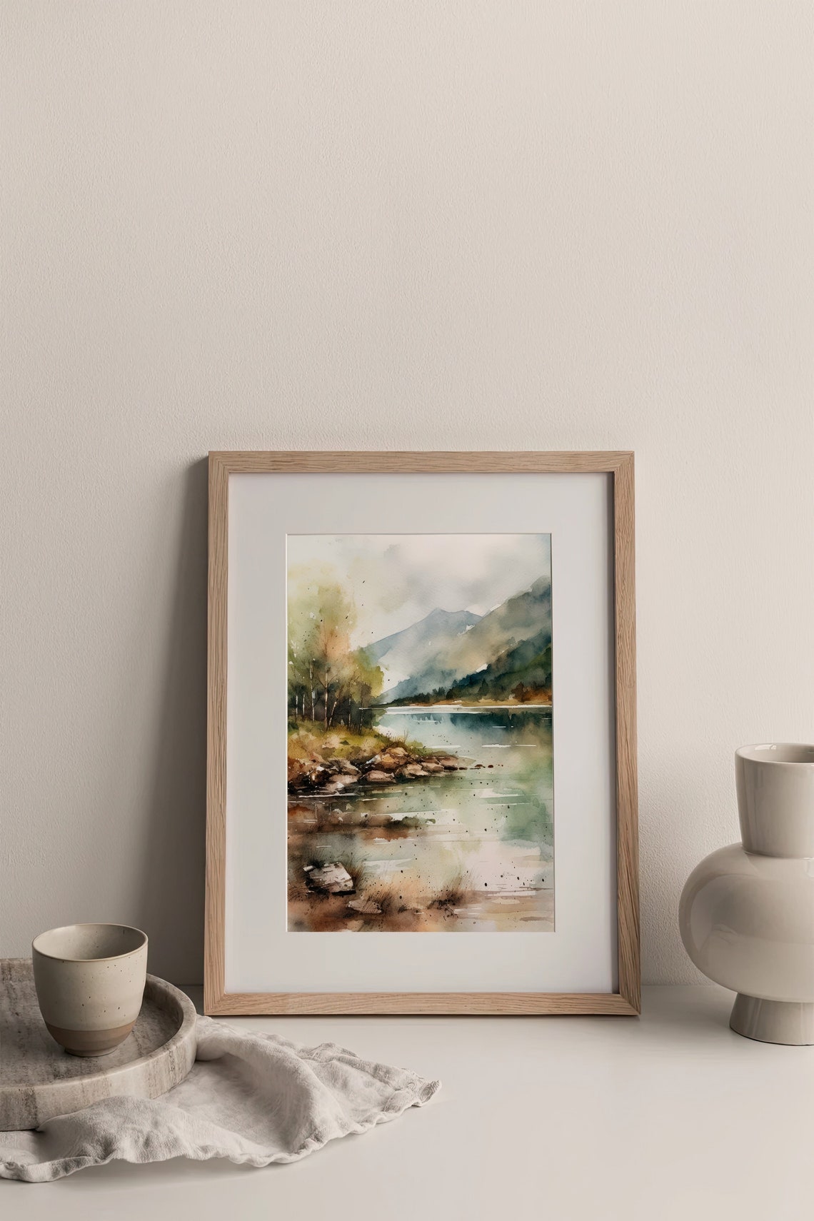 Misty Mountain Lake Watercolor Serene Loch Reflections Landscape Print - Image 2