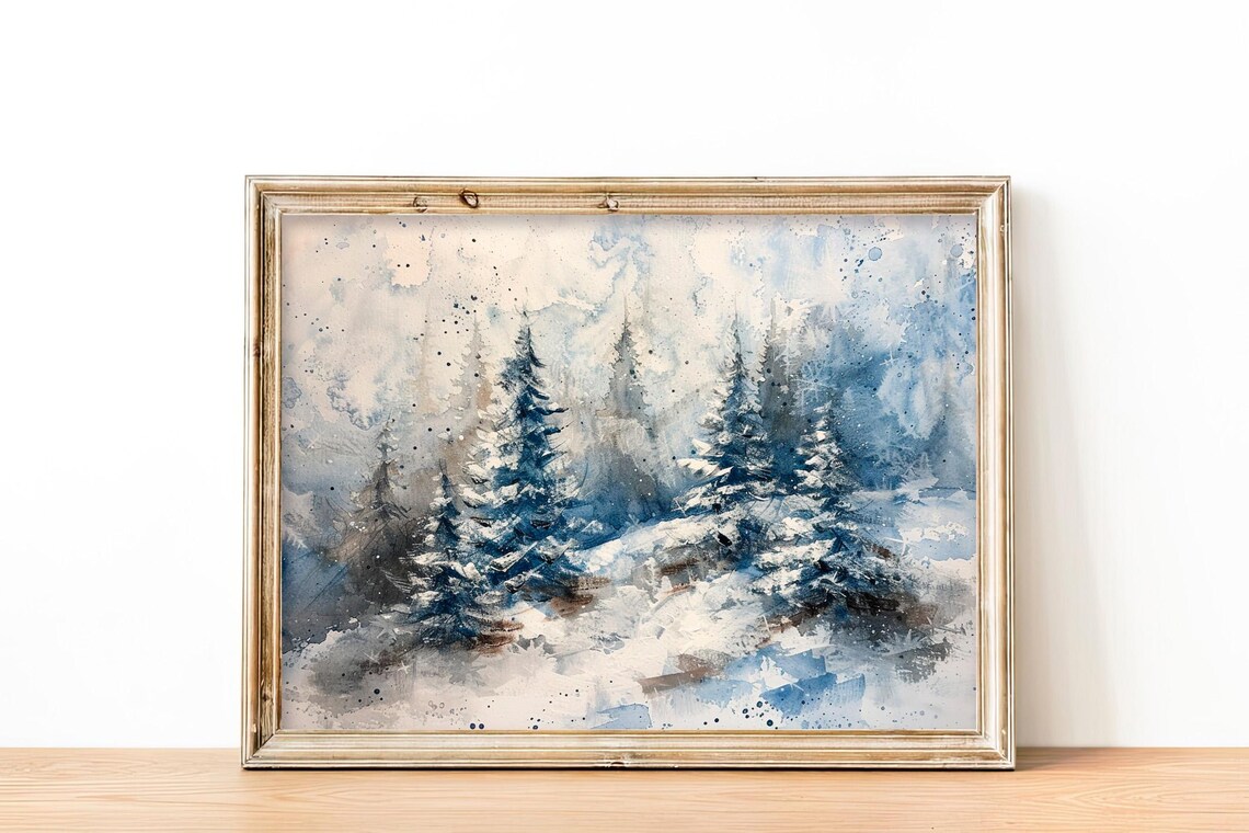 Stunning Snowy Blue Pine Forest Winter Wonderland Watercolor Poster - Image 2
