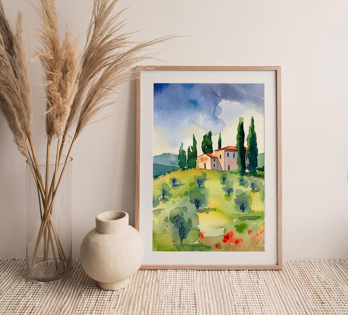Stunning Tuscany Villa Cypress Trees Rolling Hills Watercolor Poster - Image 4
