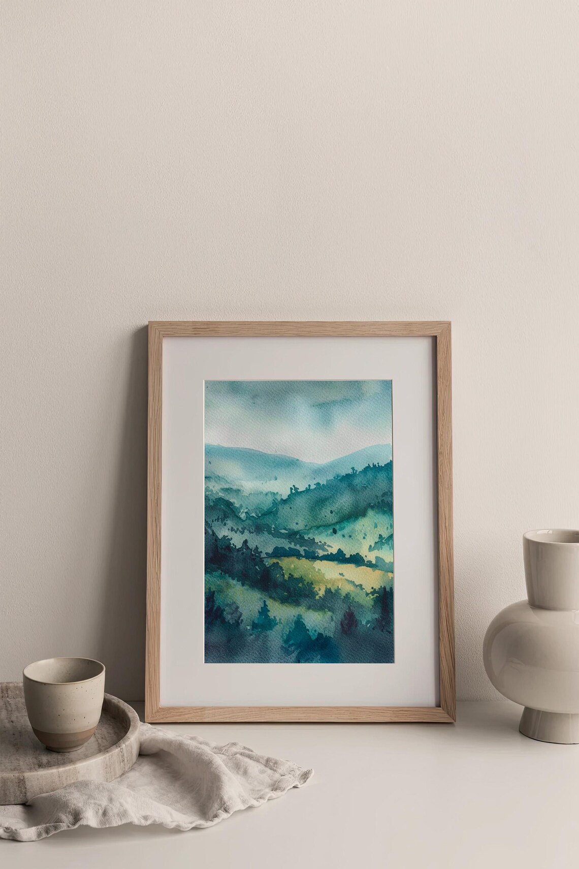 Misty Teal Mountain Valley Watercolor Rocky Peaks Landscape Poster - Image 3