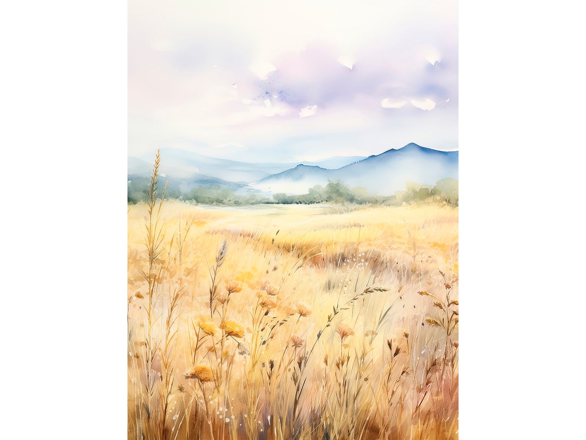Golden Wheat Field Meadow Mountains Watercolor Poster Large Wall Decor