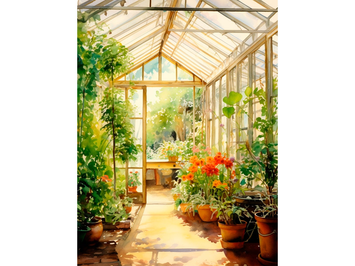 Sunlit Greenhouse Interior Potted Flowers Watercolor Garden Poster