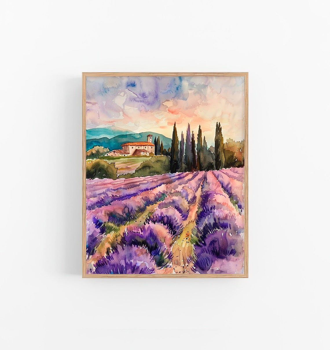 Provence Lavender Fields Farmhouse Sunset Watercolor Field Poster