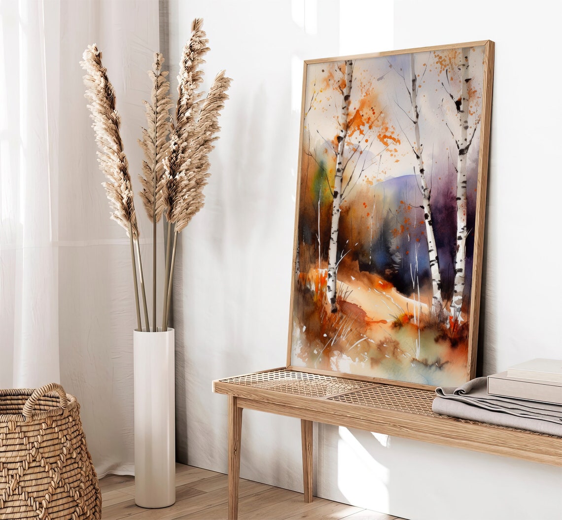 White Birch Trees Autumn Mist Watercolor Woodland Scene Poster - Image 4