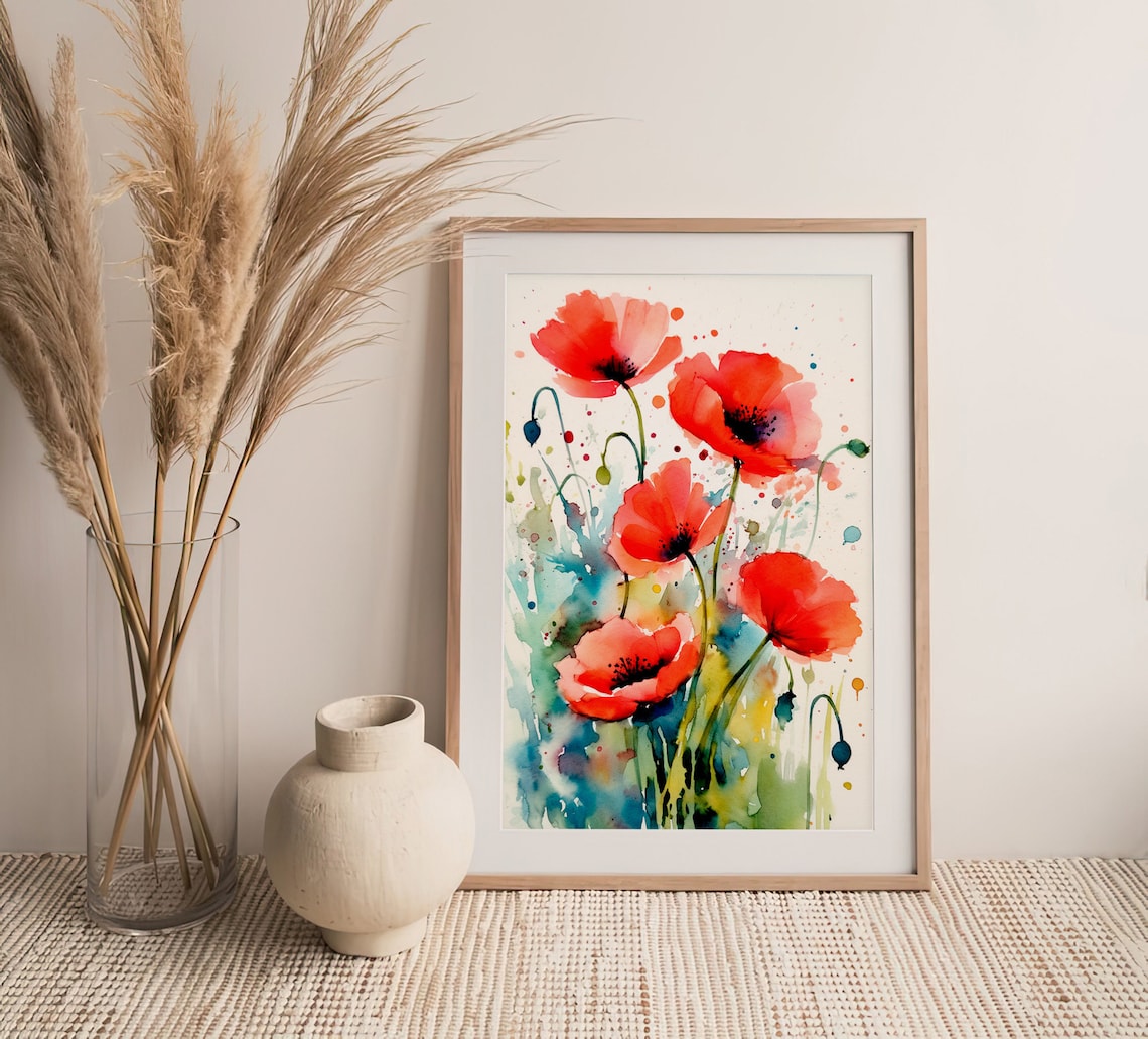 Red Poppy Flowers Watercolor Art Print, Farmhouse Floral - Image 2