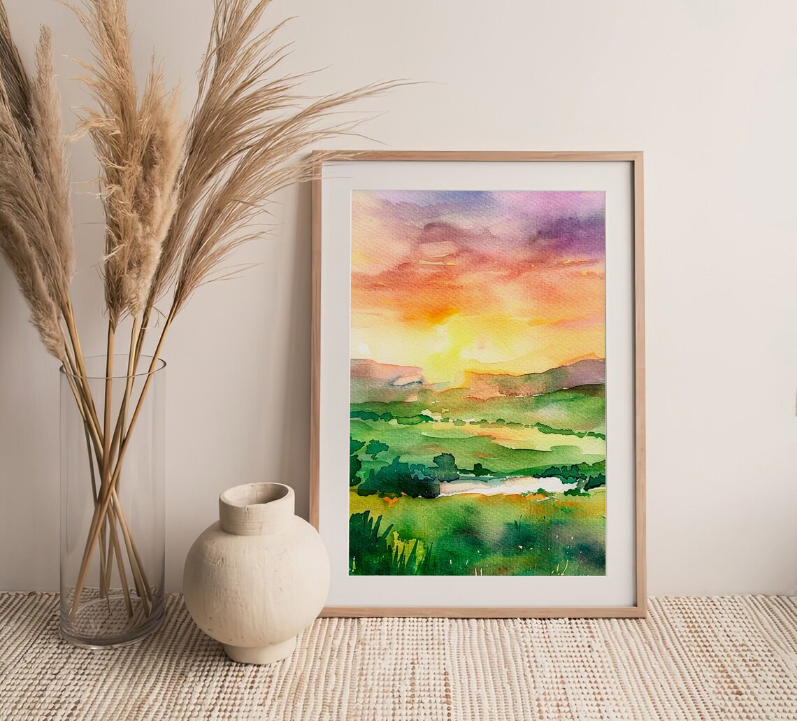Ireland Watercolor Landscape Art Print, Sunset Meadow - Image 2
