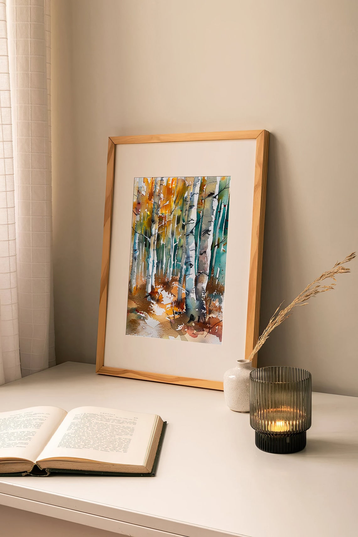 Birch Forest Watercolor Autumn White Trunks Golden Leaves Art Print - Image 2