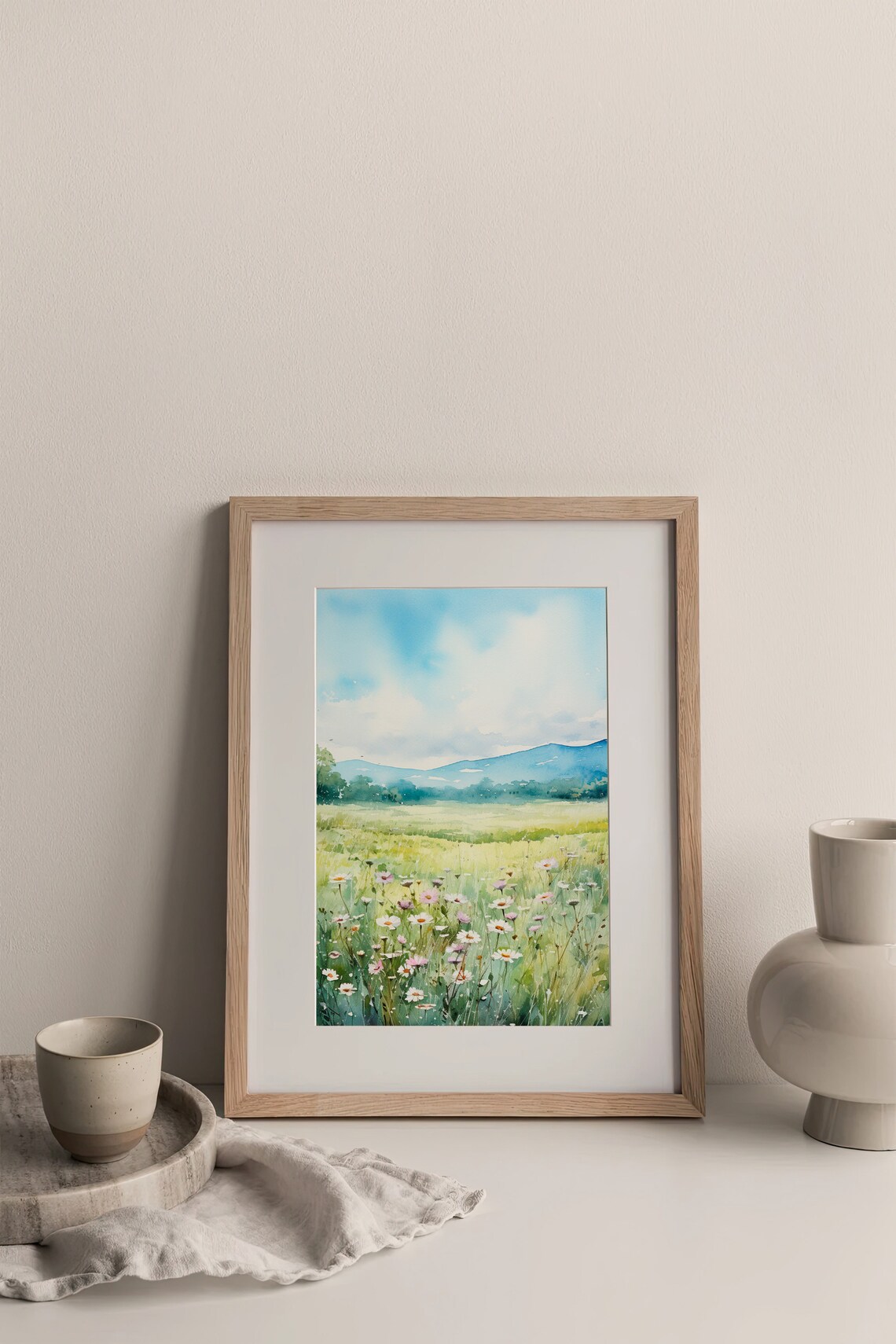 Daisy Wildflower Meadow Mountain Landscape Watercolor Wall Art - Image 3