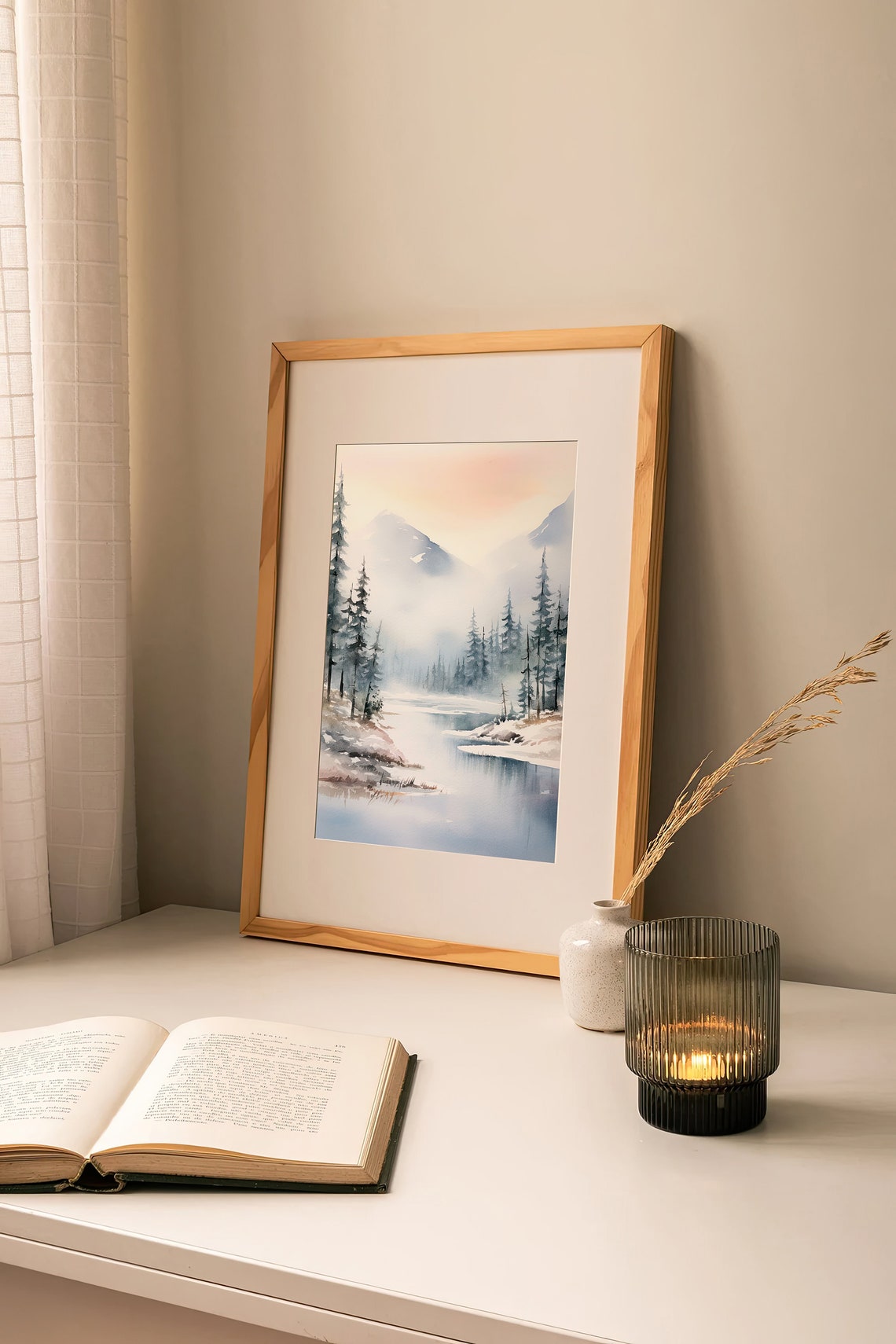 Alaska Winter Lake Misty Pines Snow Watercolor Landscape Poster - Image 2