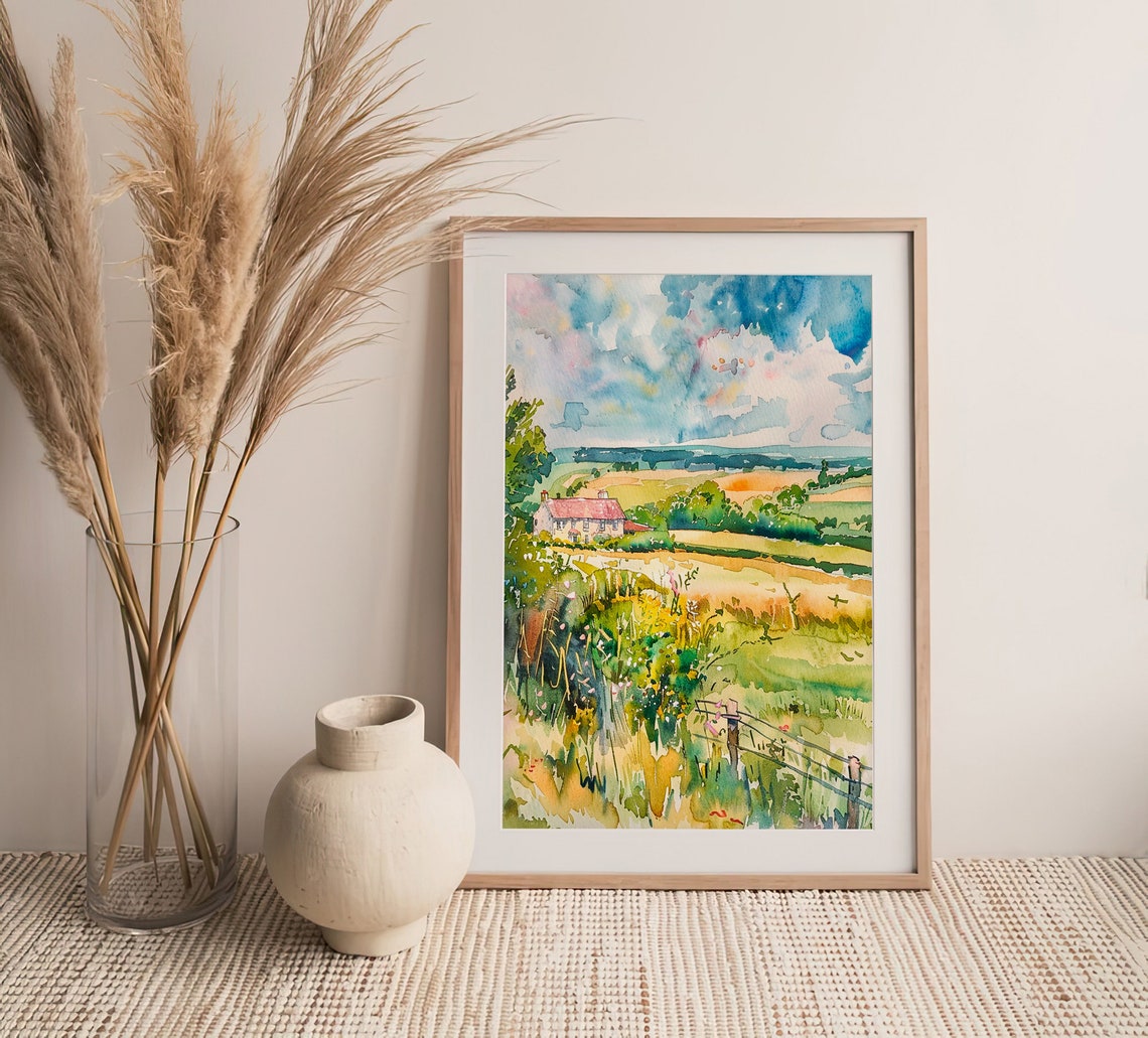 Scottish Countryside Farmhouse Rolling Fields Watercolor Poster - Image 4