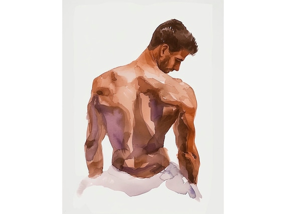 Male Back Figure Watercolor Seated Nude Study Fine Art Body Print