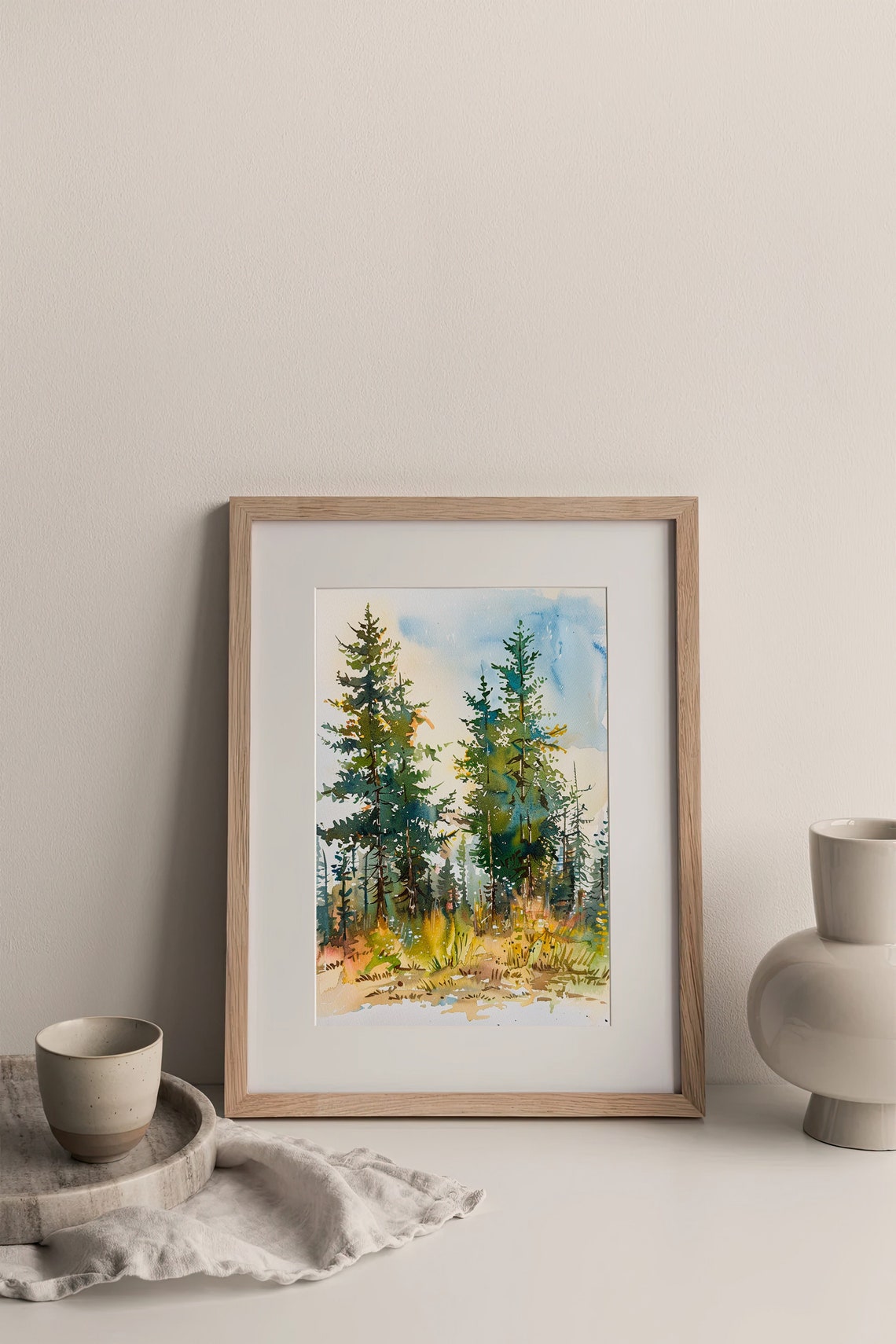 Golden Pine Forest Sunlit Evergreen Trees Watercolor Landscape Poster - Image 3