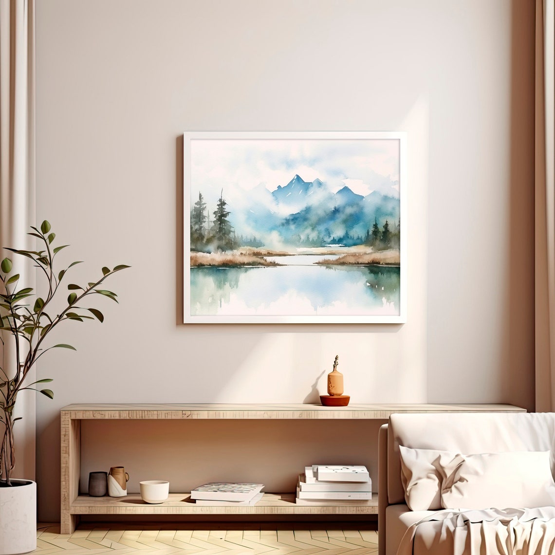 Foggy Rocky Mountain Lake Mist Blue Watercolor Landscape Art Print - Image 3