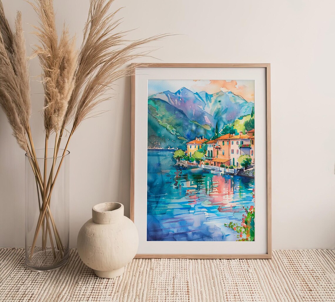 Stunning Lake Como Italy Lakeside Village Alpine Watercolor Poster - Image 4