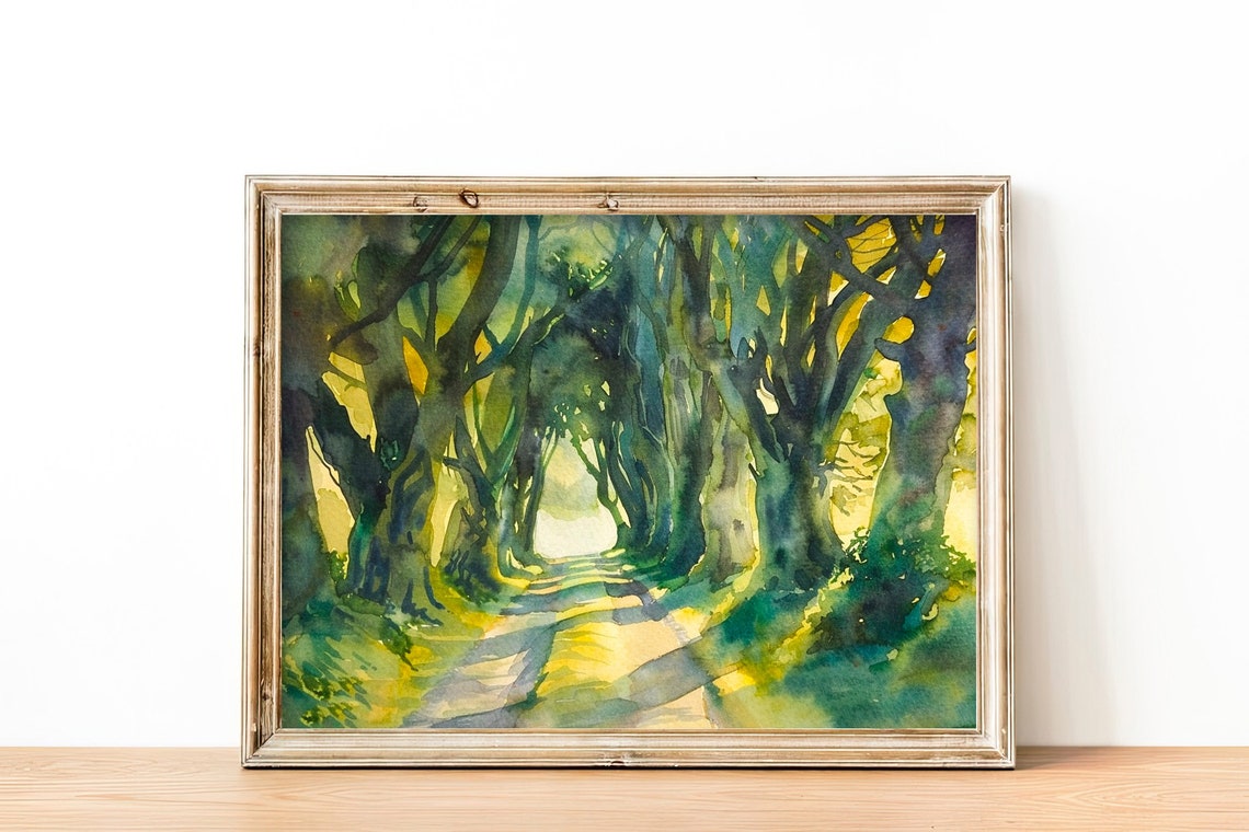 Dark Hedges Ireland Ancient Beech Tree Tunnel Watercolor Poster