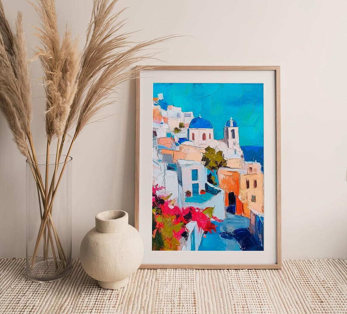Stunning Santorini Blue Domes Greece Oil Painting Style Poster - Image 4