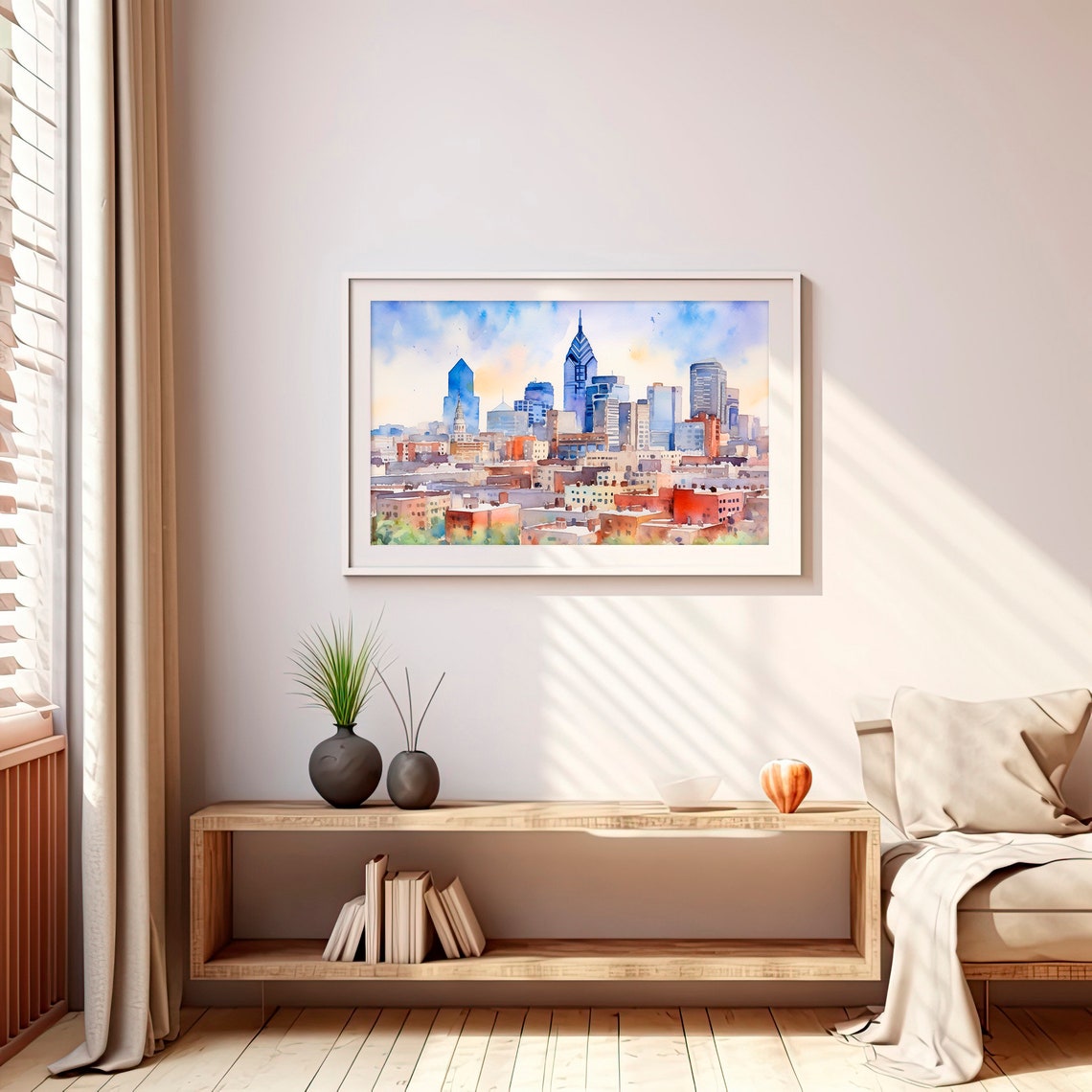 Philadelphia Bright Skyline Cityscape Watercolor Urban Poster - Image 4