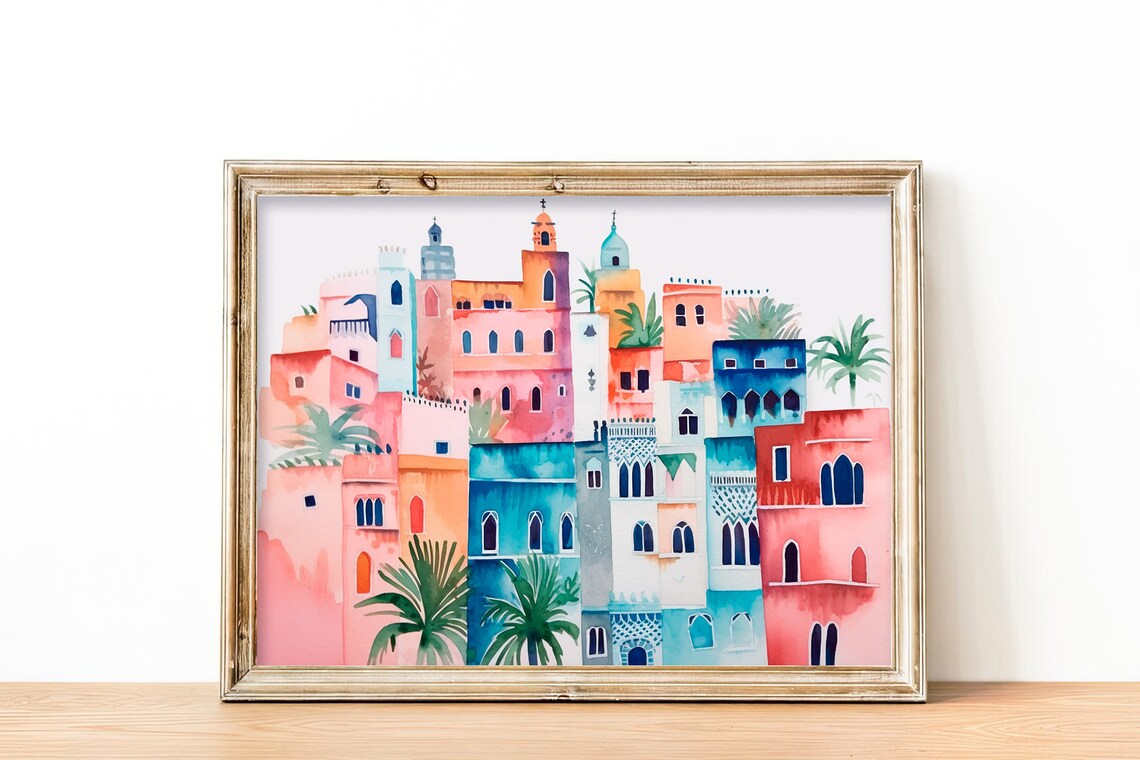Morocco City Watercolor North Africa Medina Colorful Houses Art Print
