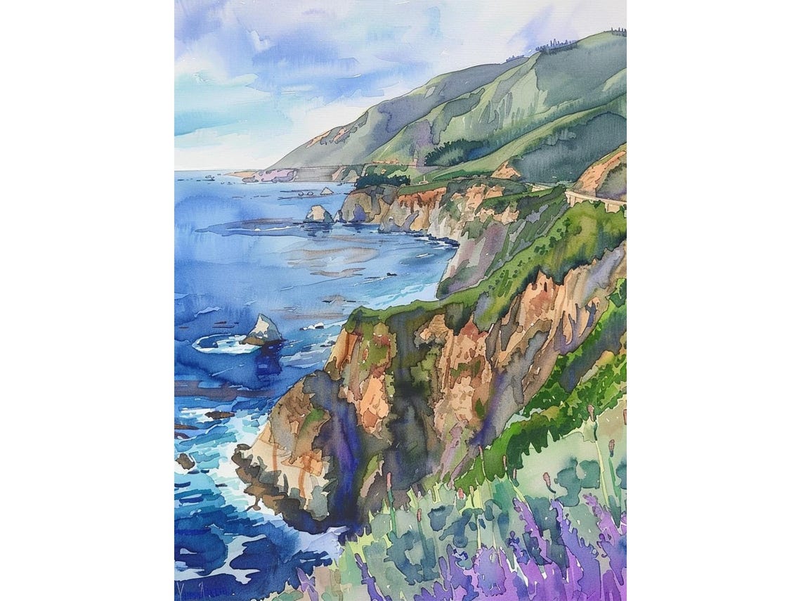 Big Sur California Coastline Cliffs Watercolor Seascape Art Print