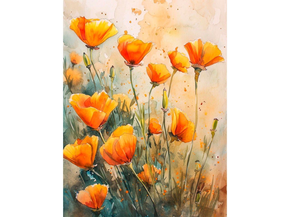 California Poppy Flowers Watercolor Art Print