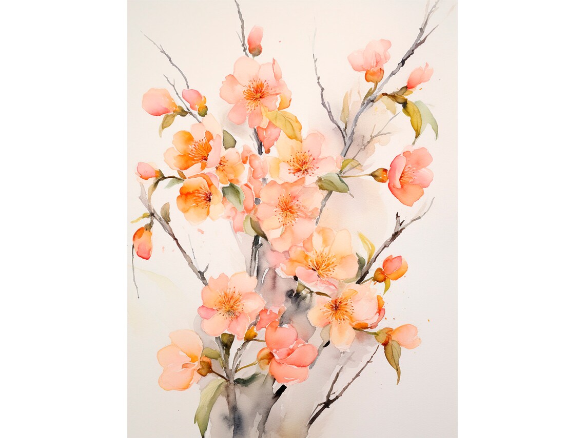 Peach Blooms Watercolor Botanical Art Print