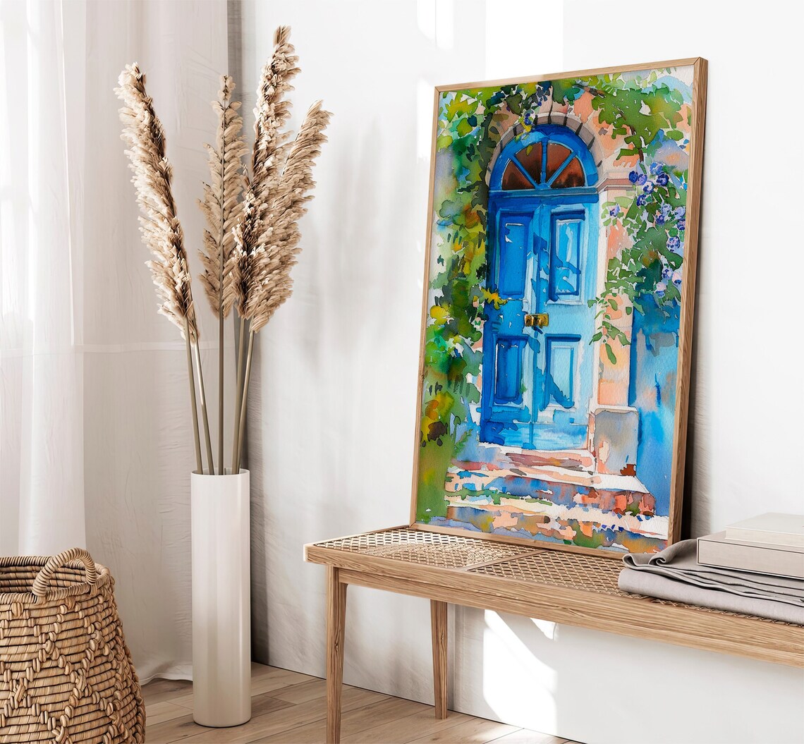Stunning Charming Blue Door With Flowering Vines Watercolor Poster - Image 2