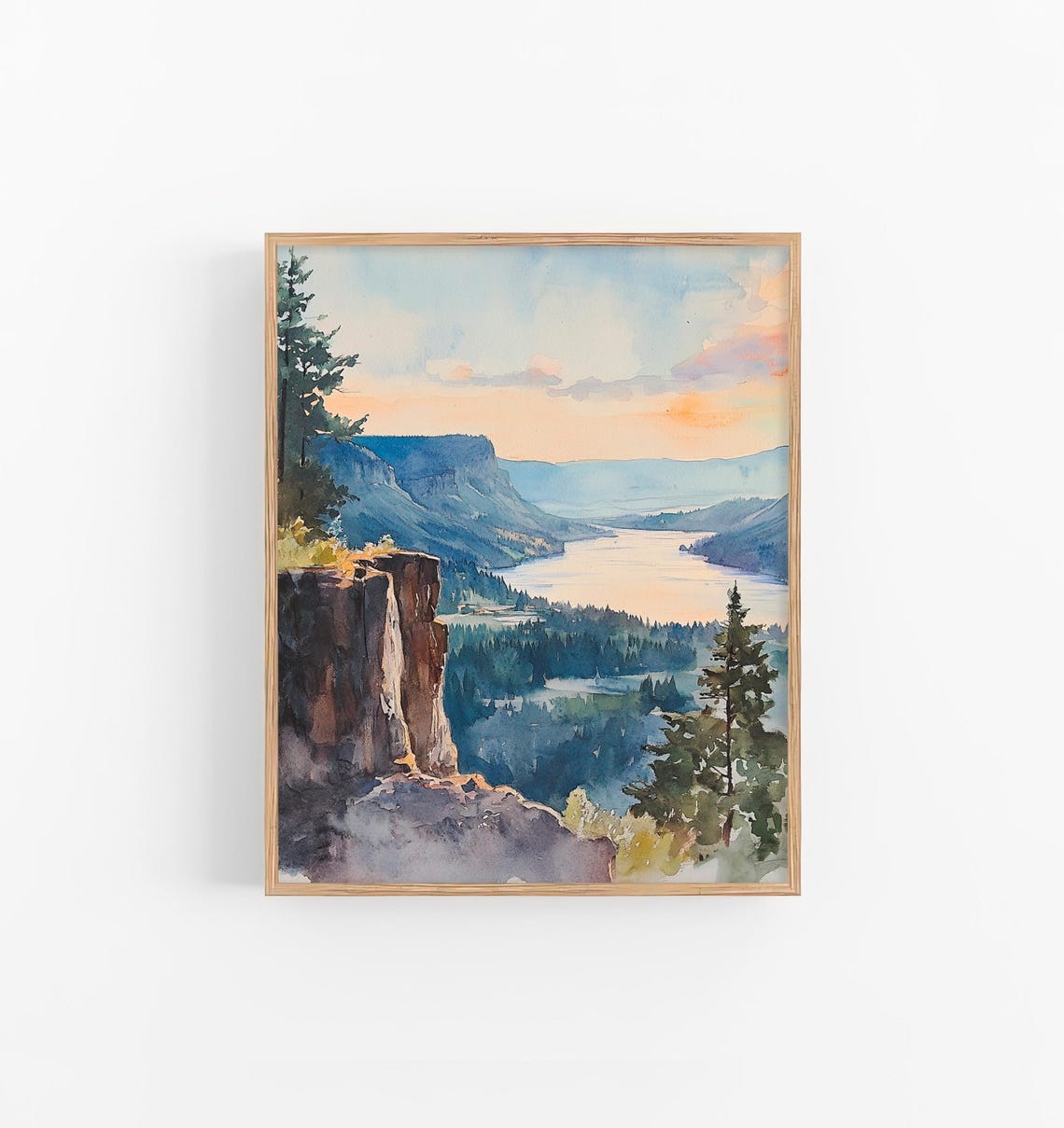 Columbia Gorge River Valley Sunset Cliffs Watercolor View Poster