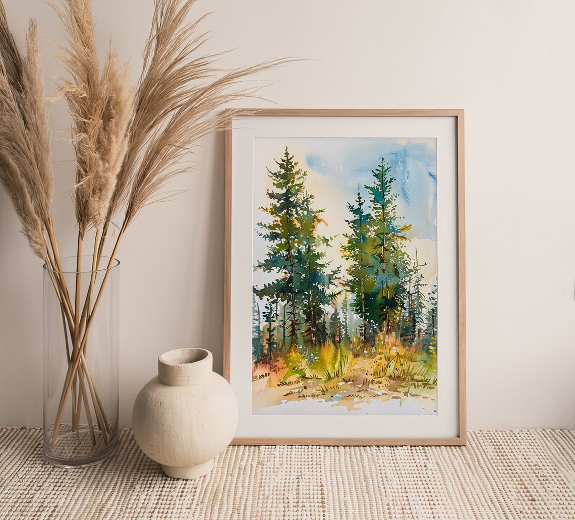 Golden Pine Forest Sunlit Evergreen Trees Watercolor Landscape Poster - Image 2