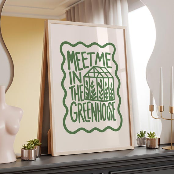 Meet Me In The Greenhouse Print Gardening Poster Minimalistic Whimsical Plant Wall Art Digital Download