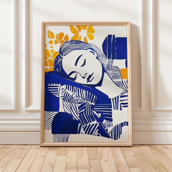 Reclining Woman in Blue Pattern With Sun and Leaves Art Poster