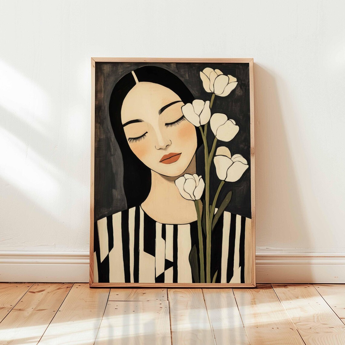 Woman With White Tulips Minimalist Black and White Floral Art Poster