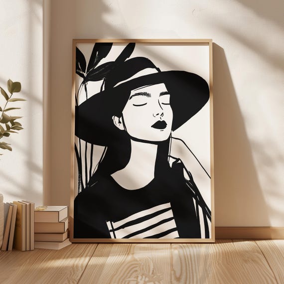 Minimalist Woman In Wide Brim Hat Black And White Fashion Print Stylish Monochrome Wall Art Elegant Modern Illustration