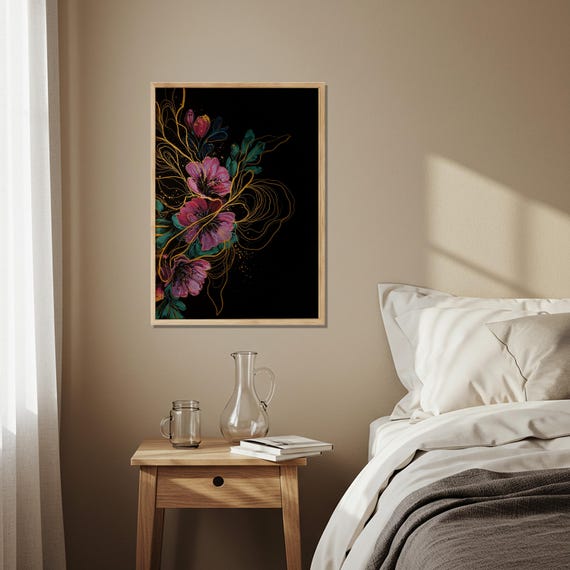 Elegant Floral Wooden Poster Gold Line Botanical Illustration Black Background Print On Wood Romantic Art For Sophisticated Spaces