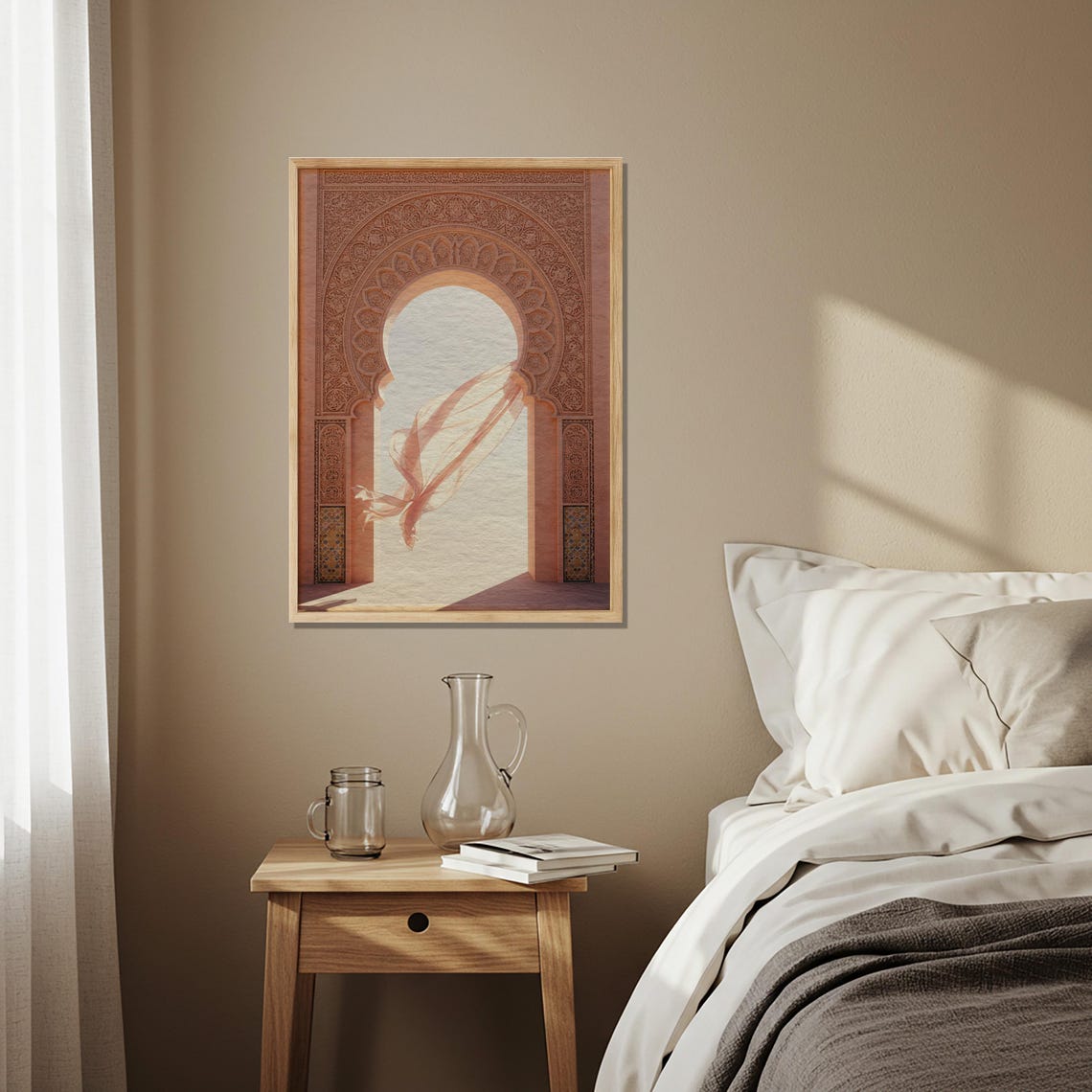 Sunlit Moorish Arch with Drifting Sheer Fabric Terracotta Art Poster