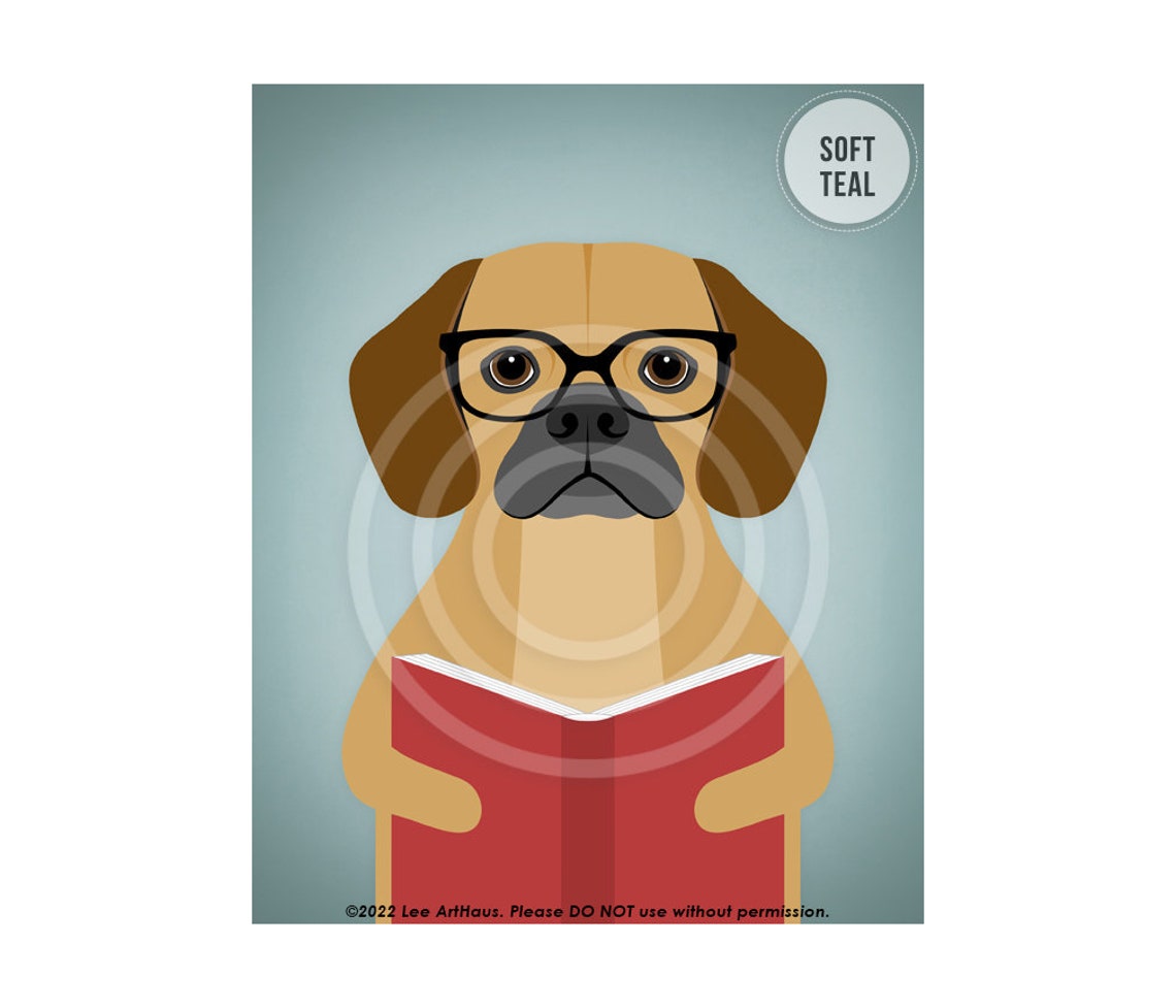 Puggle Wearing Glasses Reading a Red Book Funny Puppy Poster - Image 4