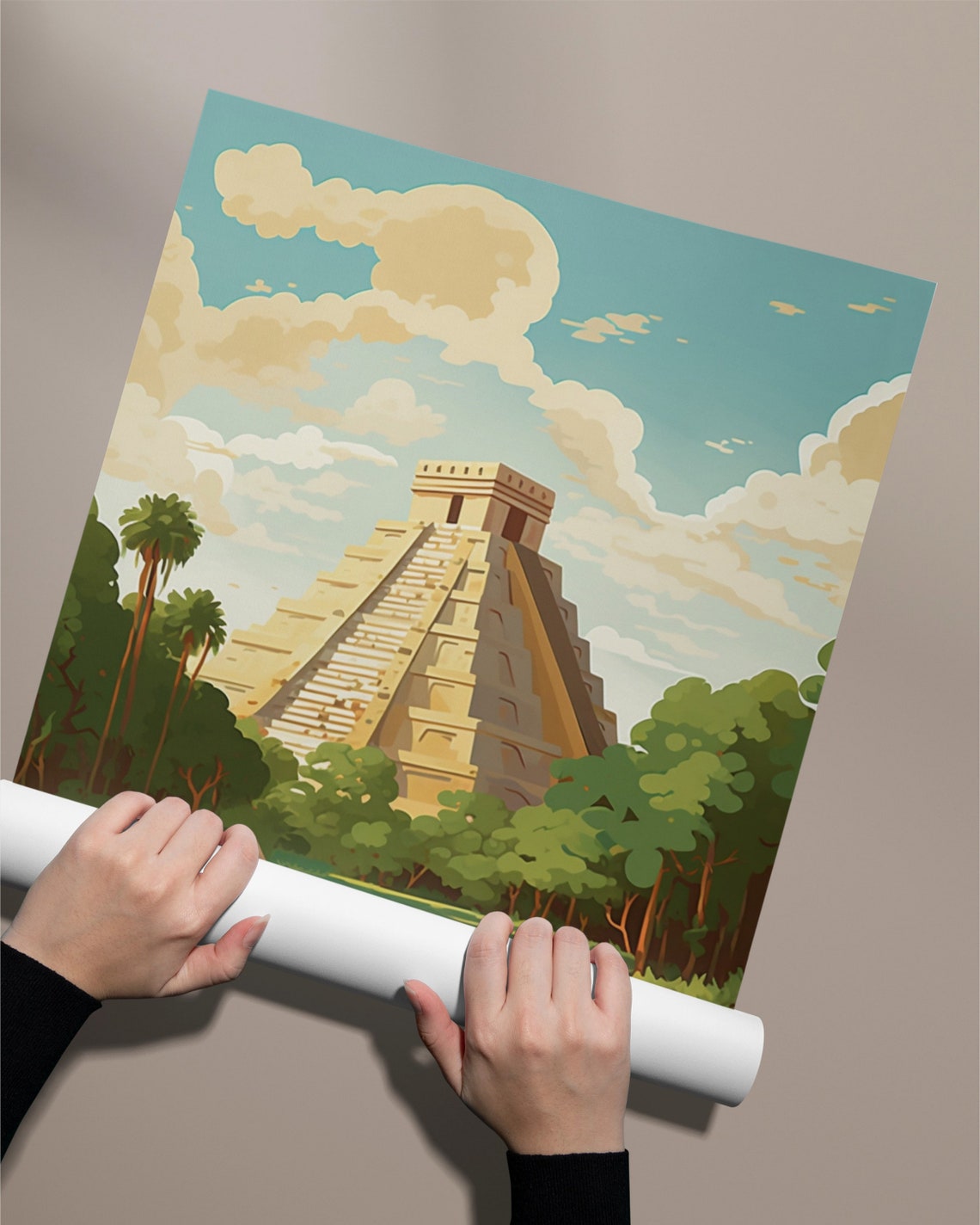 Chichen Itza Pyramid Lake Reflection Jungle Gouache Painting Poster - Image 2