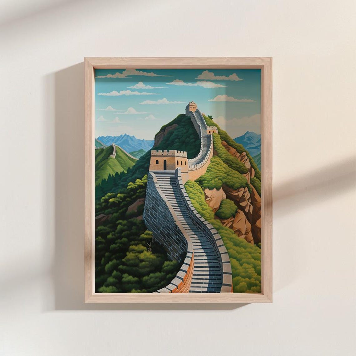 Great Wall Of China Mountain Ridge Green Valleys Gouache Poster