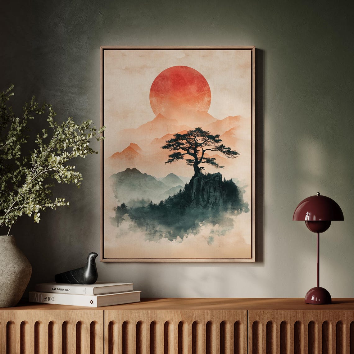 Japandi Red Sun Pine Tree Misty Mountain Watercolor Scene Poster