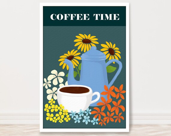 Coffee Time Blue Teapot Floral Kitchen Retro Illustration Wall Print