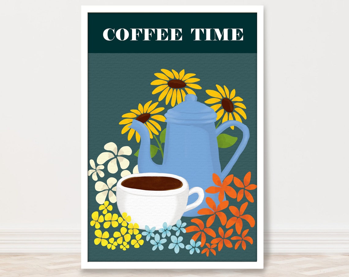 Coffee Time Blue Teapot Floral Kitchen Retro Illustration Wall Print