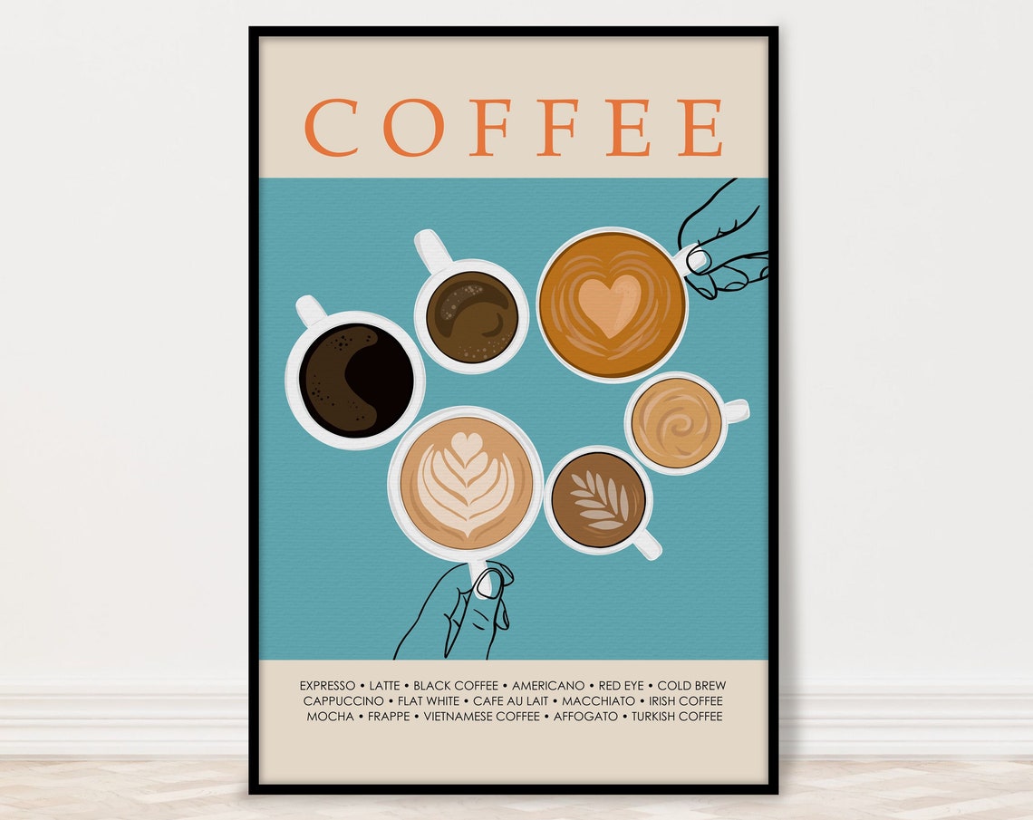 Blue Coffee Menu Poster Latte Art Cups Modern Cafe Kitchen Decor